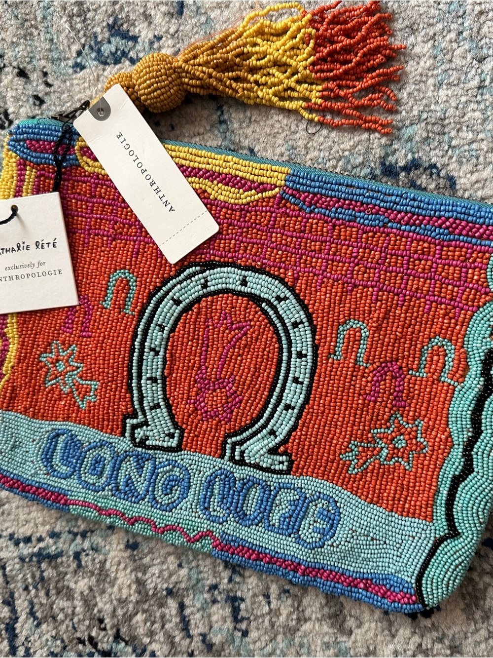 NWT Anthropologie Beaded Western Luck Wristlet Clutch with Tassel Long Life